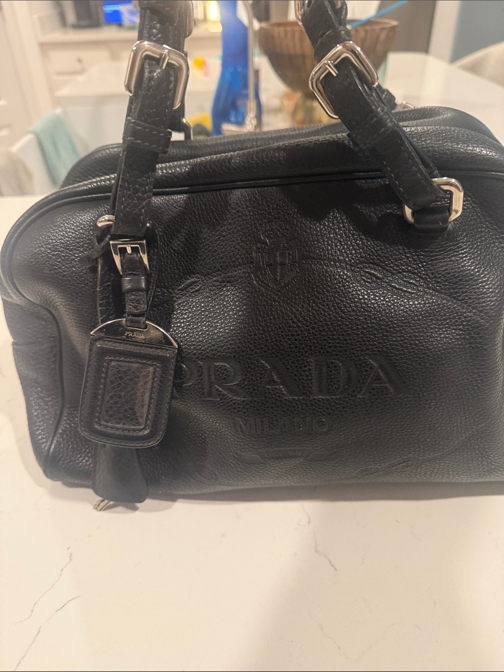 Prada Black Pebbled Leather Satchel with Top Handles